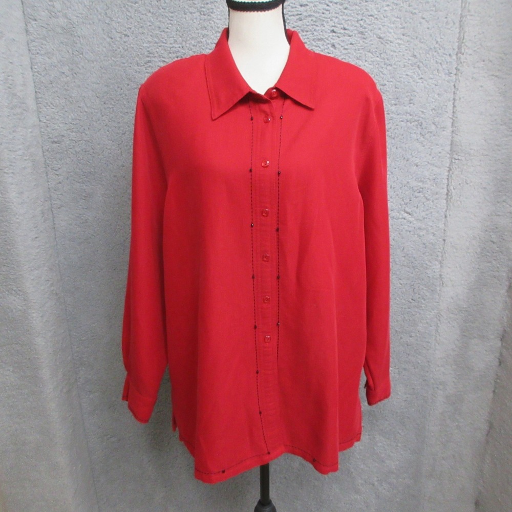 Vintage Koret Beaded Blouse Women 18W Red Festive Cottagecore Folk Artsy Boho